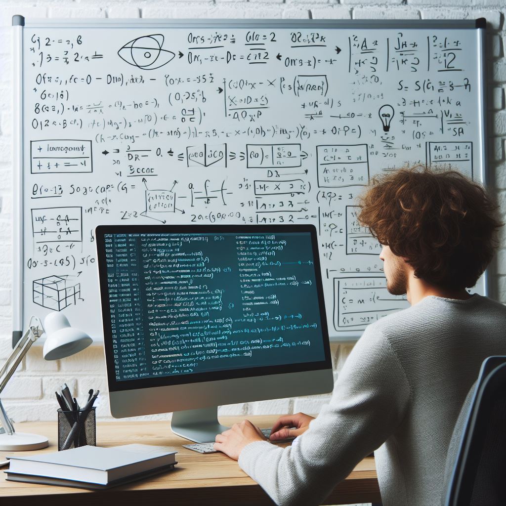 a computer grammer sitting on before a white board